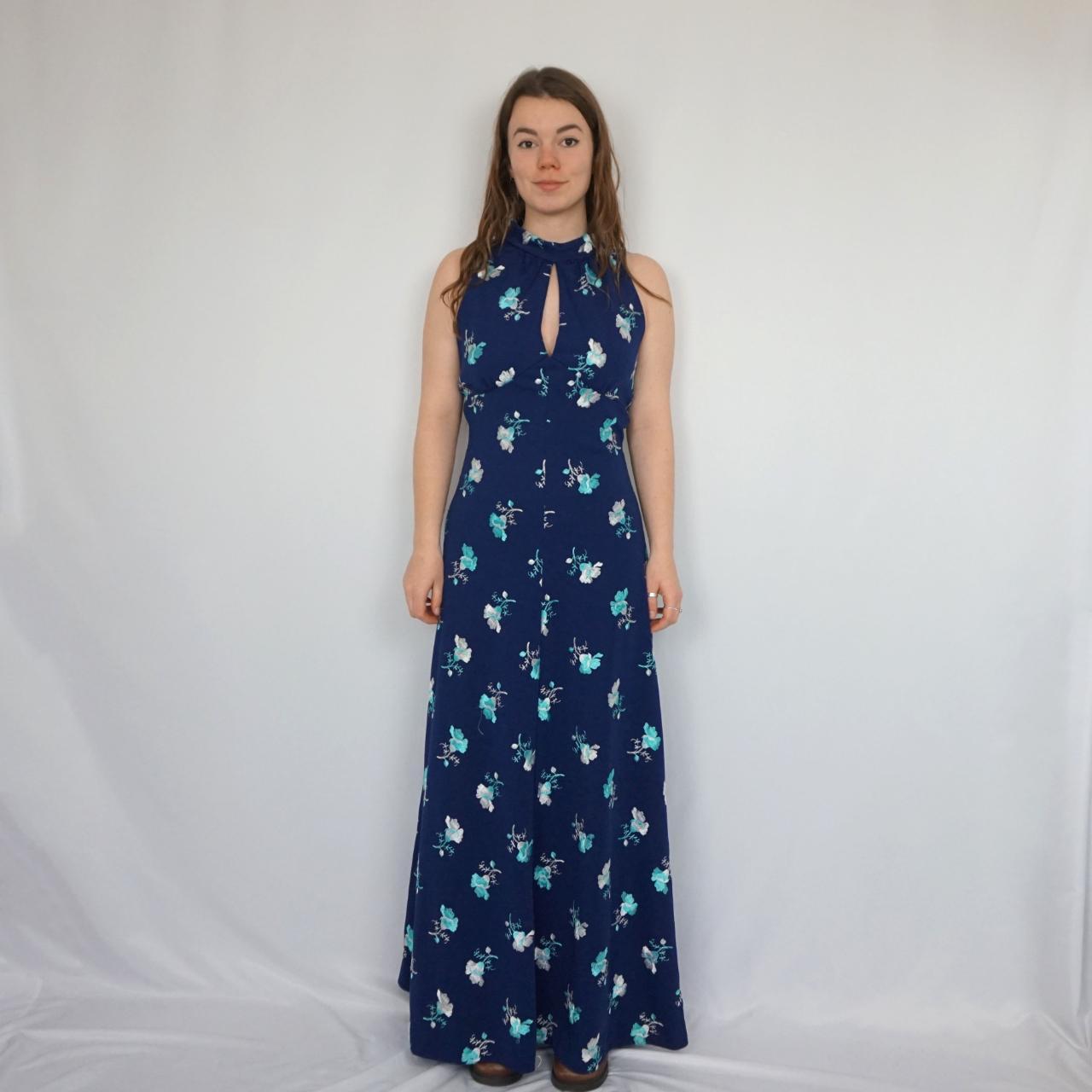 Vintage Embroidered Maxi Dress - 70s Navy Blue Maxi... - Depop