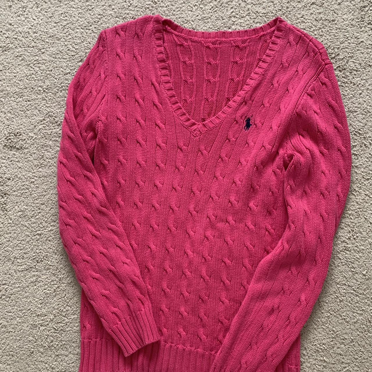 Pink Ralph Lauren Long Sleeve Cable V Neck Sweater |... - Depop