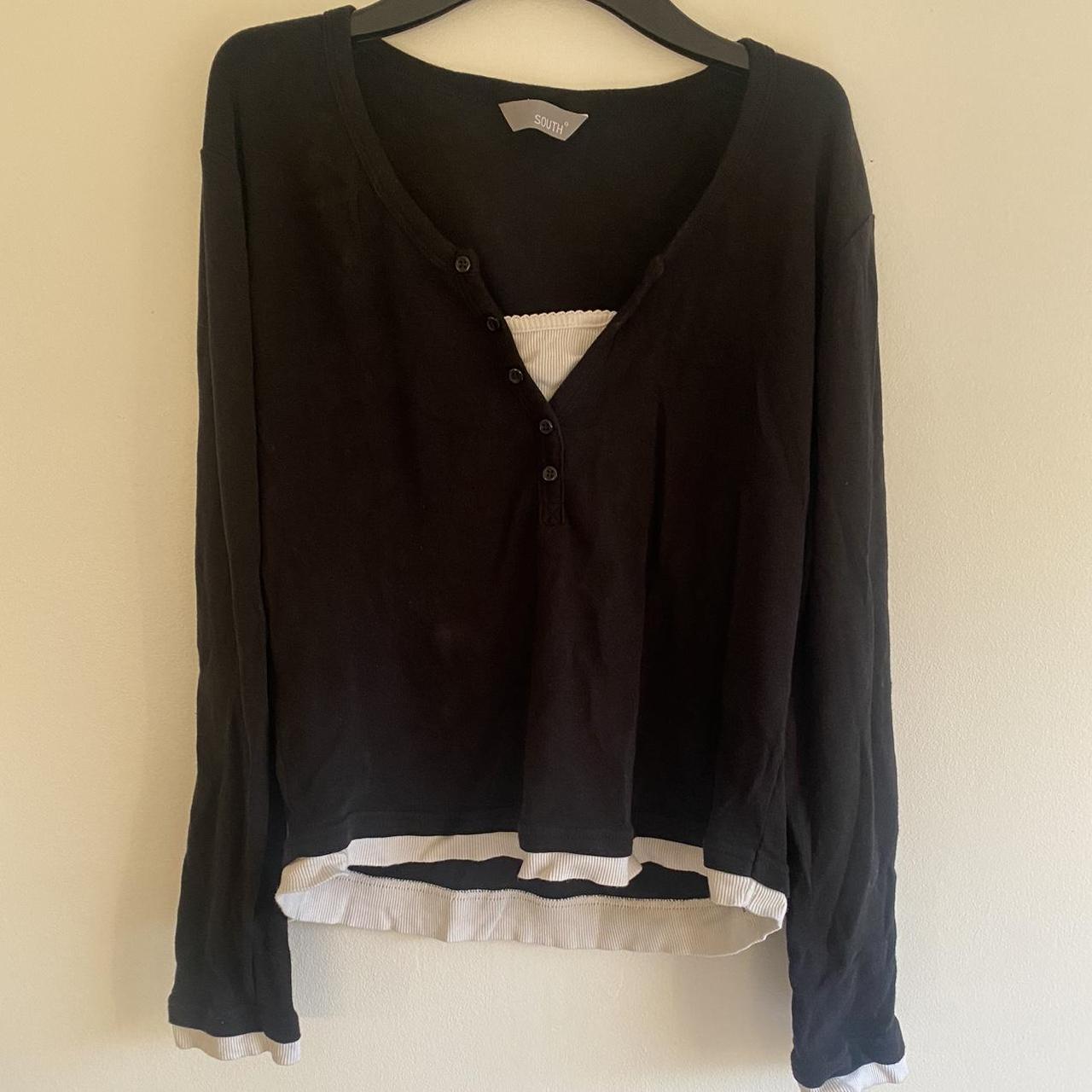 Vintage black and white long sleeve top with button... - Depop
