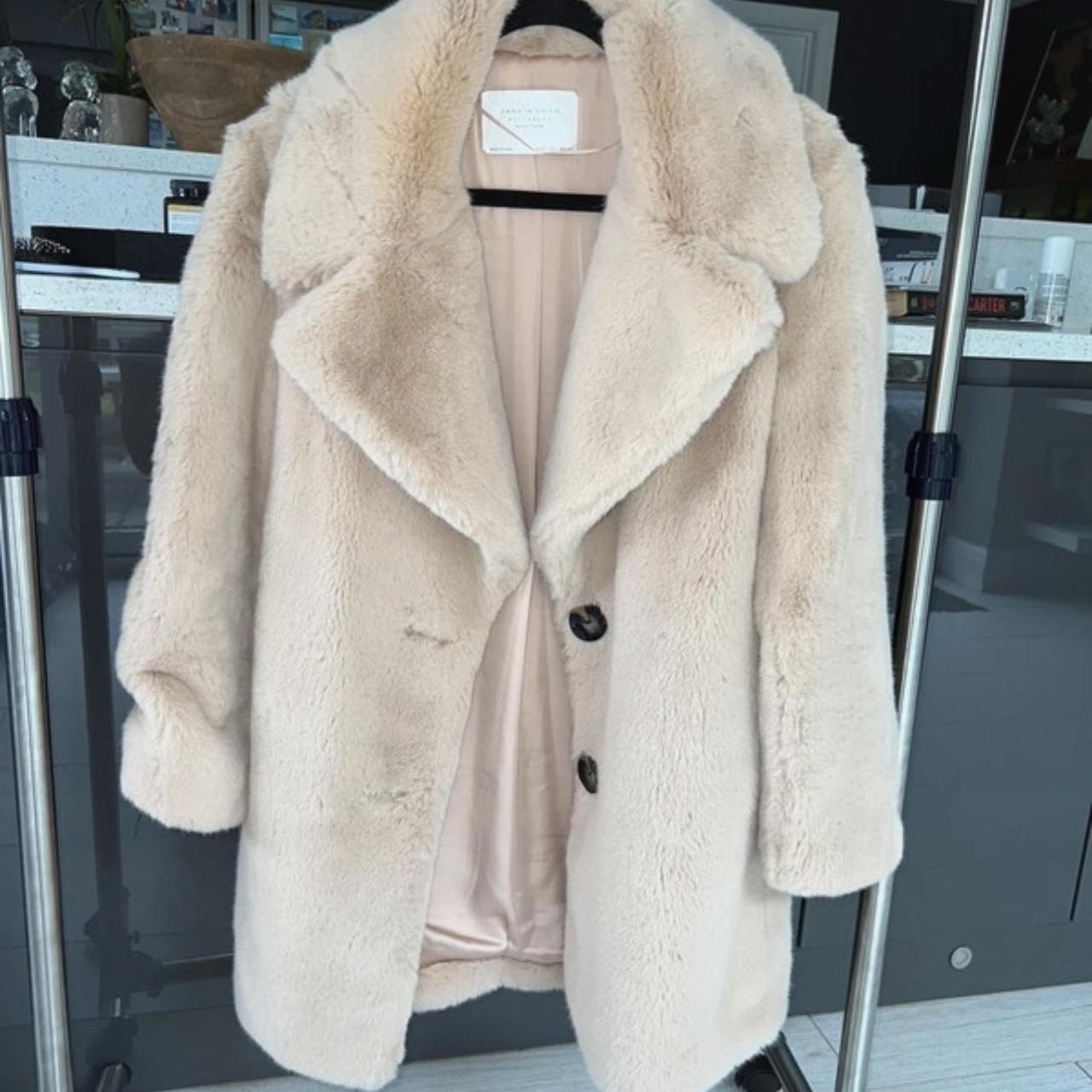 new womens ZARA faux fur coat jacket beige