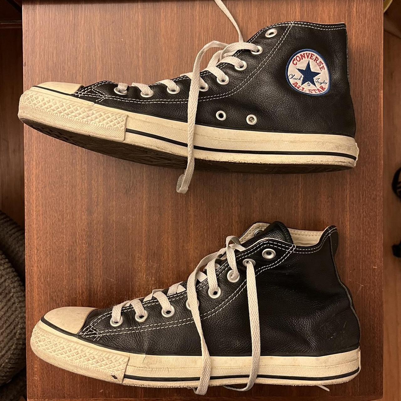 black leather high top chucks mens 9.5 women’s... - Depop