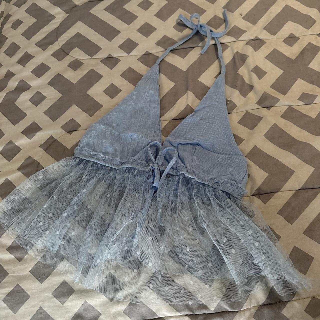 Pastel blue halter top 🎀 Lacey details on bottom bow... - Depop