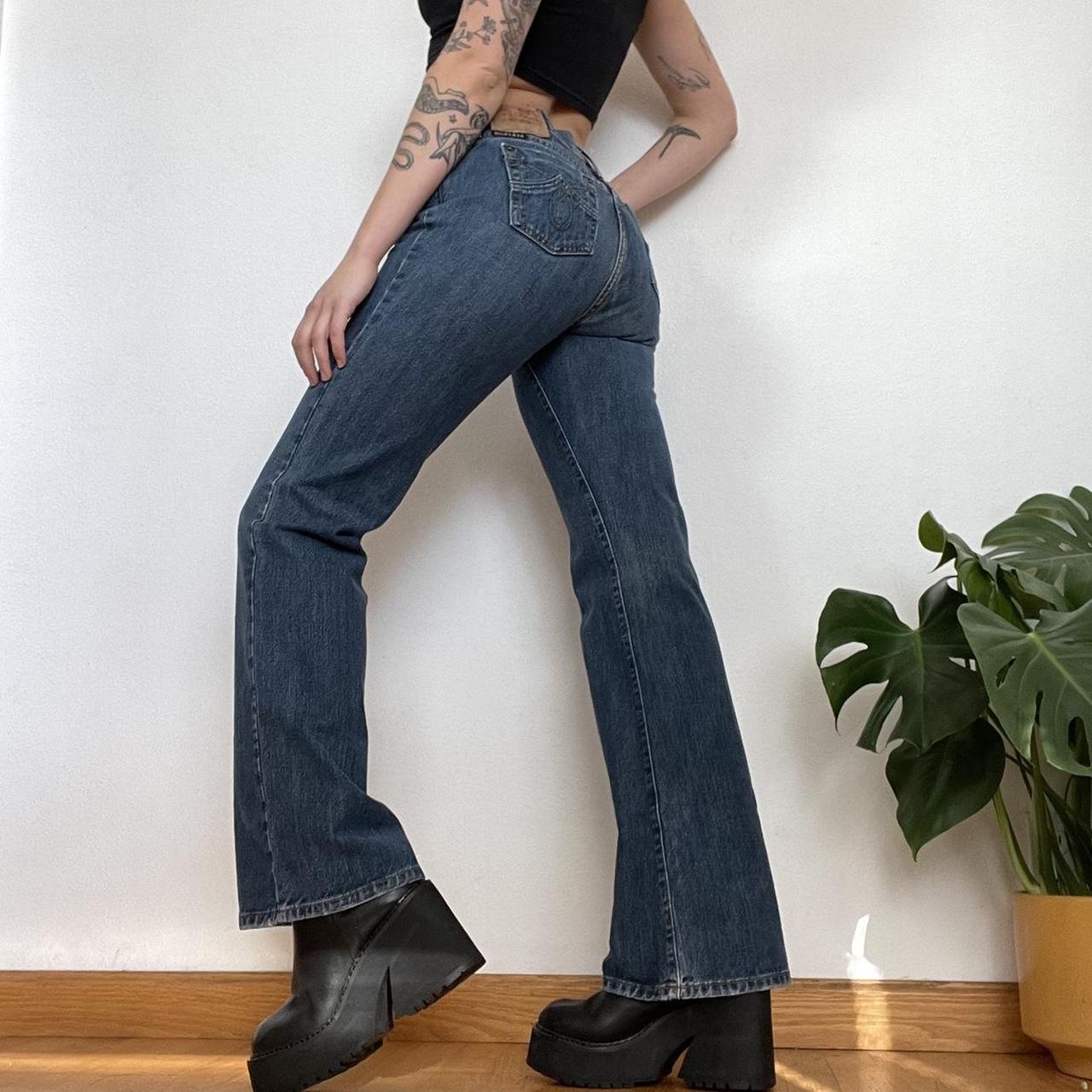 90s low rise boot cut jeans medium blue wash... - Depop