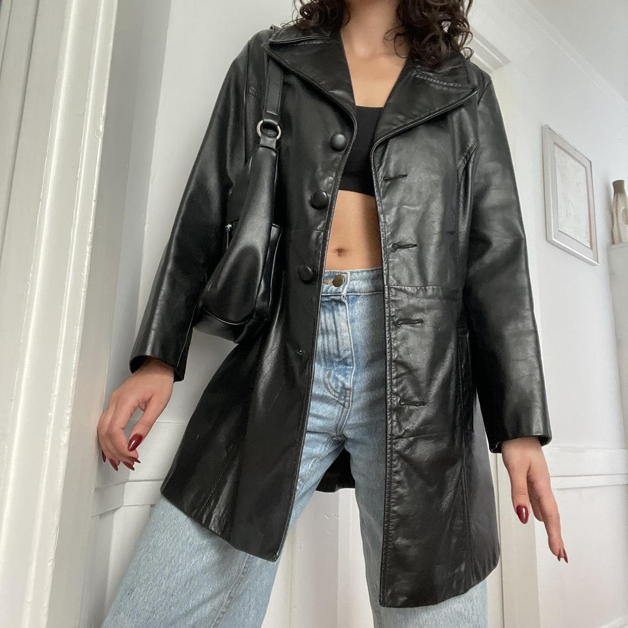 90s black leather jacket gorgeous black leather... - Depop