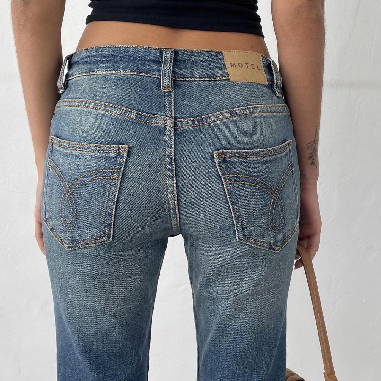 Motel Rocks Low Rise Bootleg (Flare) Jeans in Mid... - Depop