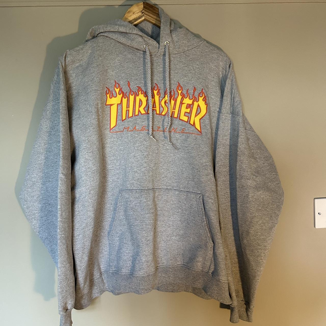 Grey thrasher hoodie fits oversized medium... - Depop