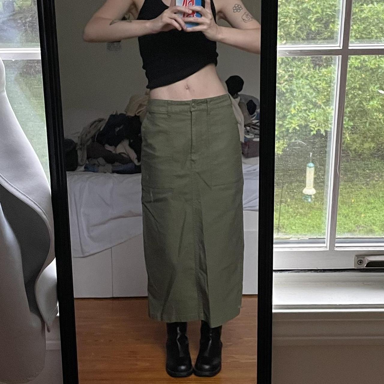 khaki cargo maxi skirt thrifted in korea and in... - Depop