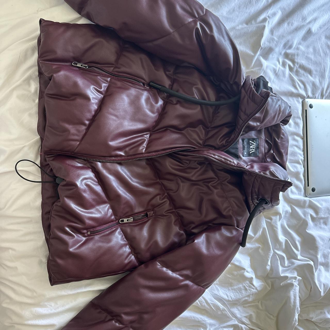 Burgundy Zara puffer coat Size small Water resistant - Depop