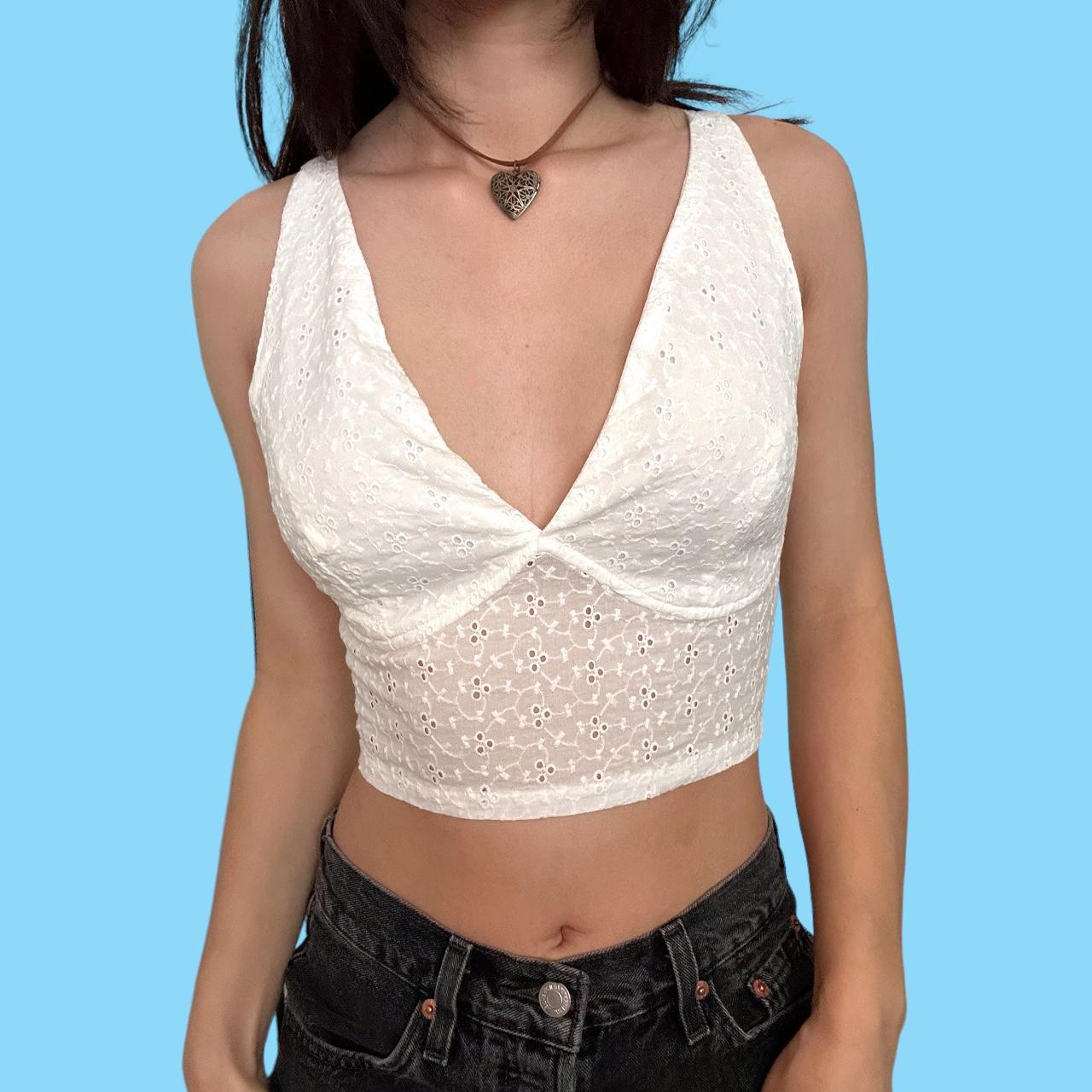 white deep neck bralette 🌻 - cropped floral eyelet - Depop