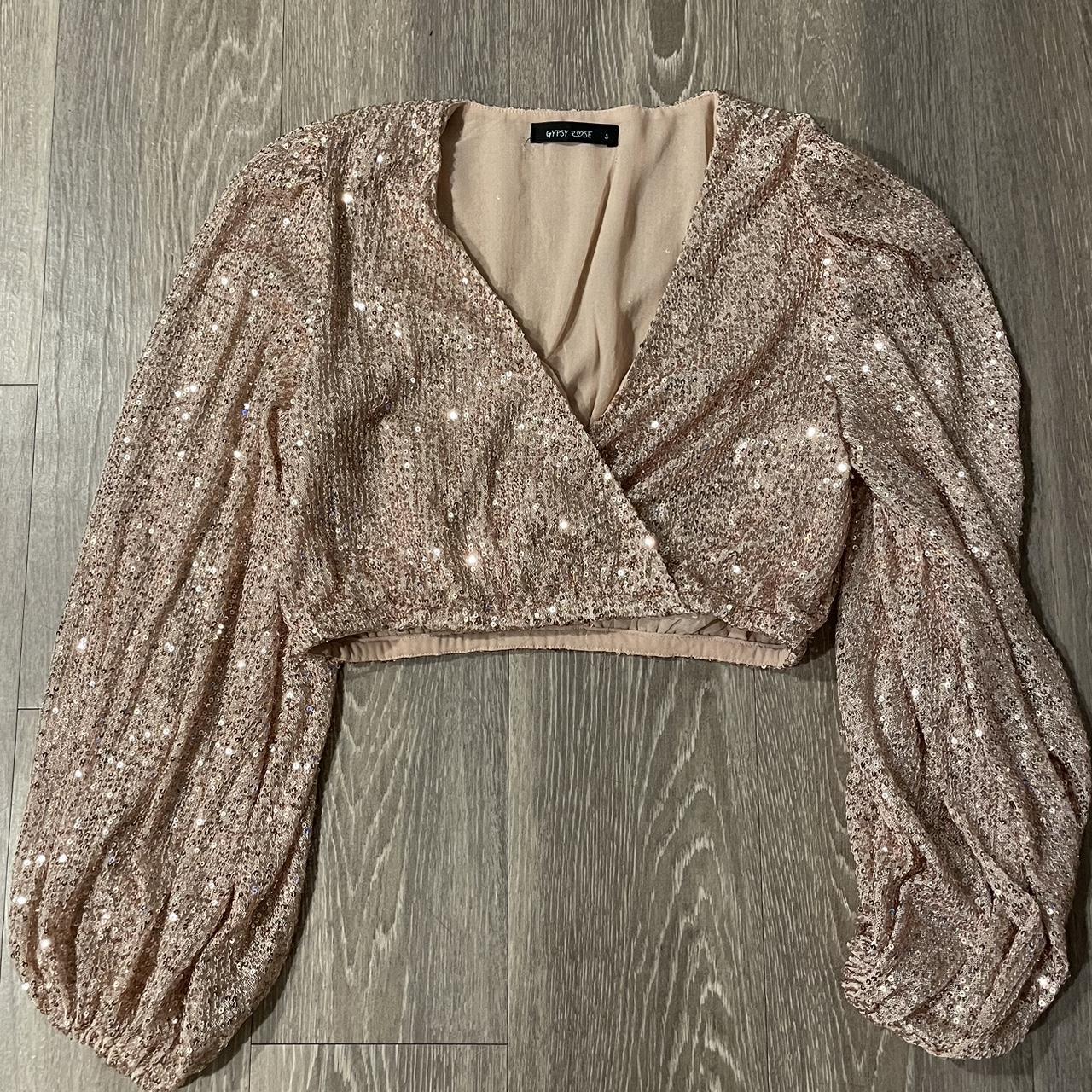 Gold Sequin Top / Wrap Sequin Top / Long Sleeves Sequin Top / Crop