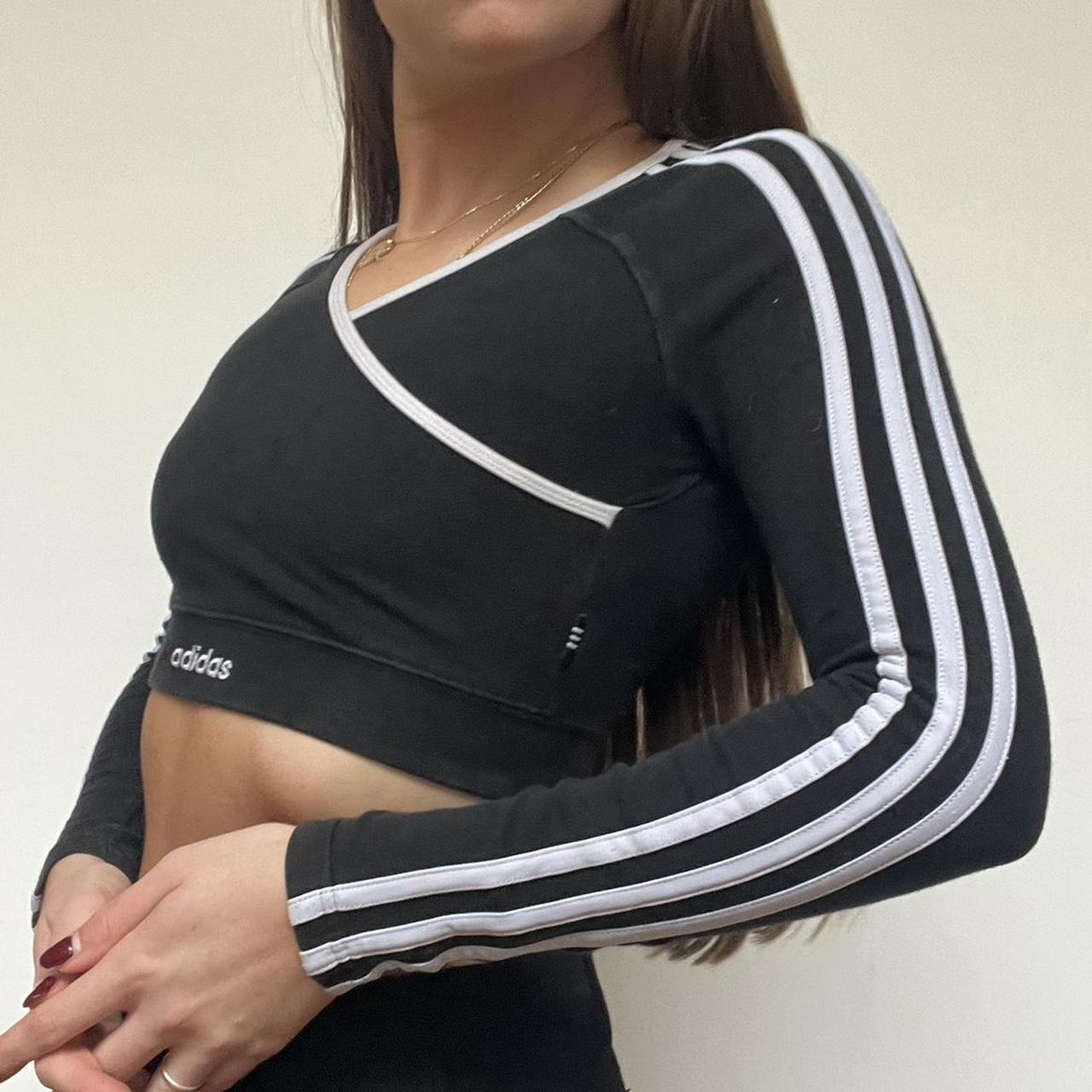 ☆adidas☆ 3S Crop Long Sleeve Tee Black adidas Women's Lifestyle 3-Stripes Cropped Long Sleeve Tee