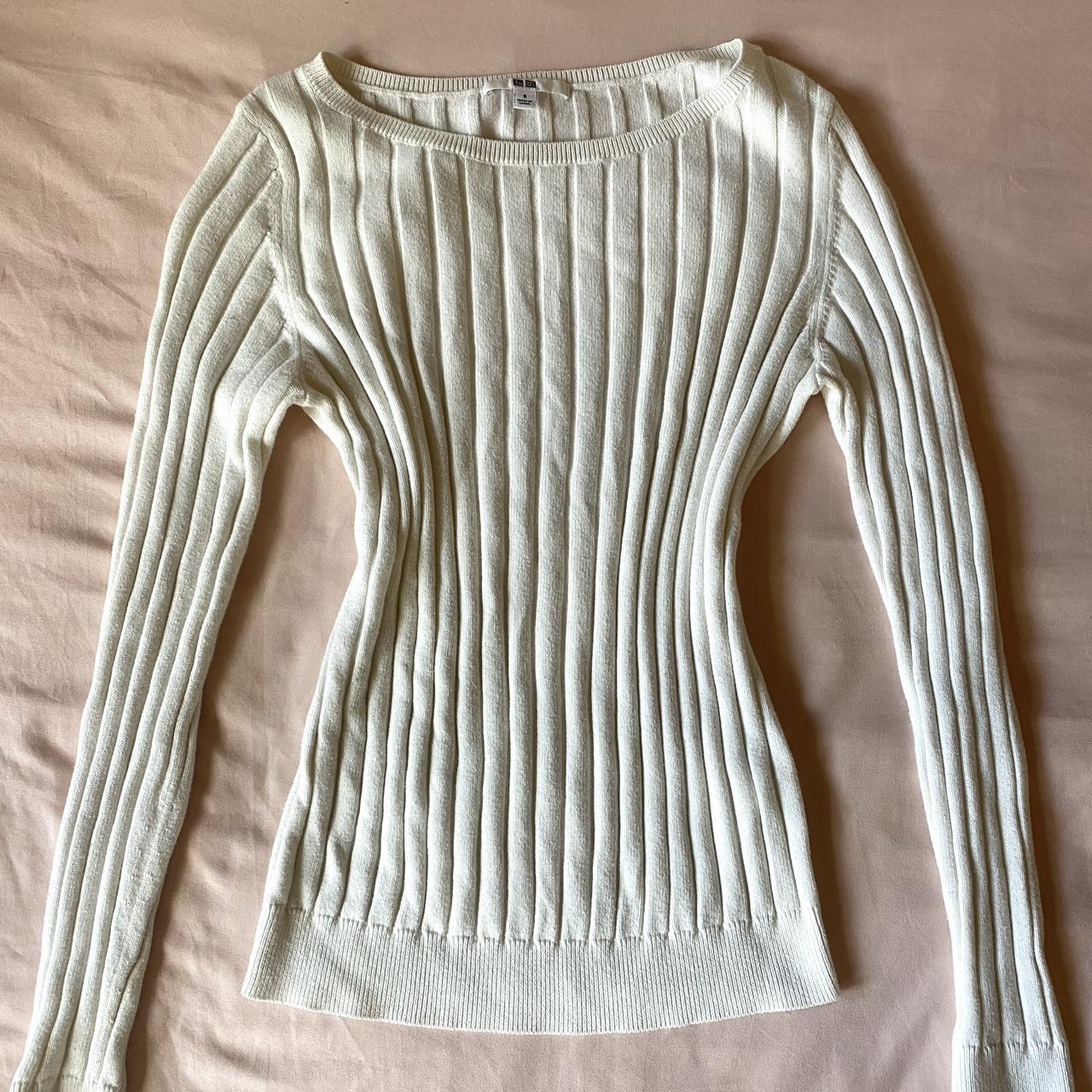 cute uniqlo white ribbed long sleeve sweater size... - Depop