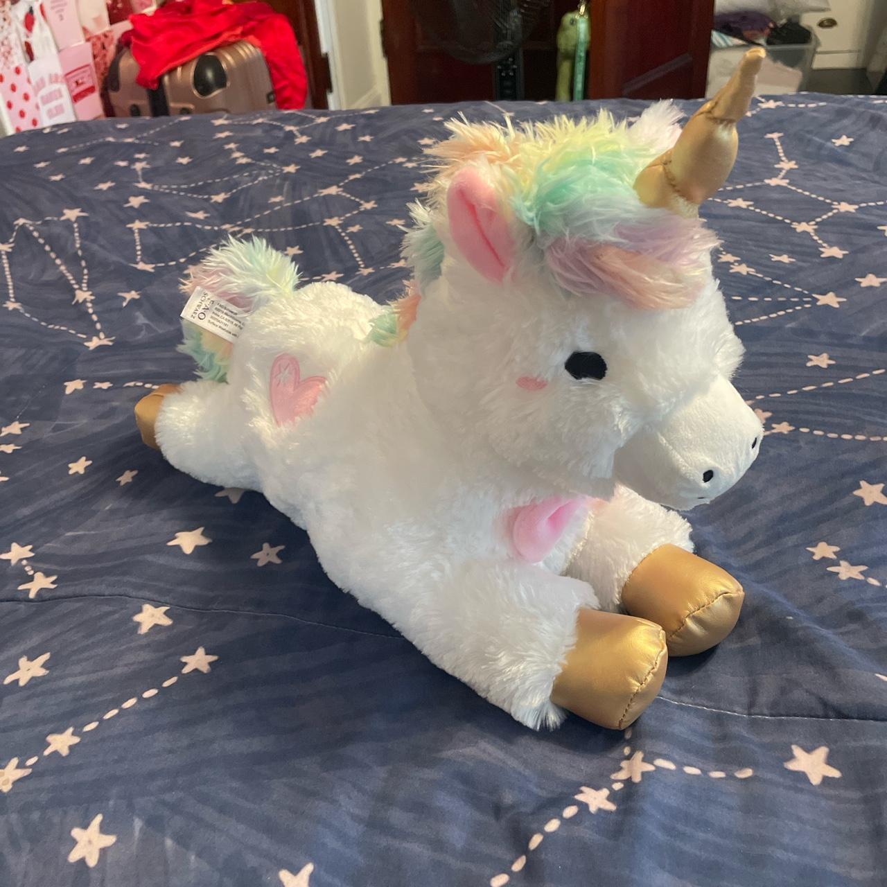 white and rainbow unicorn plush brand: FAO Schwartz... - Depop