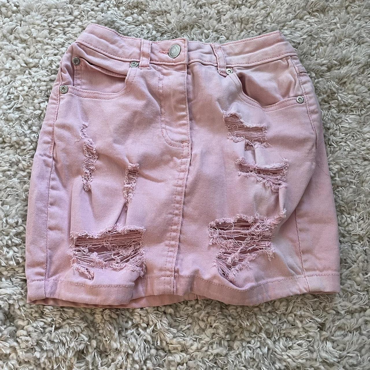 Light pink clearance distressed denim skirt