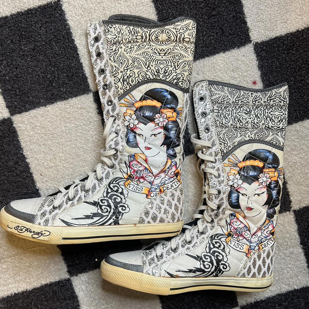 Y2K Ed Hardy lace up boots super sick boots and in... - Depop