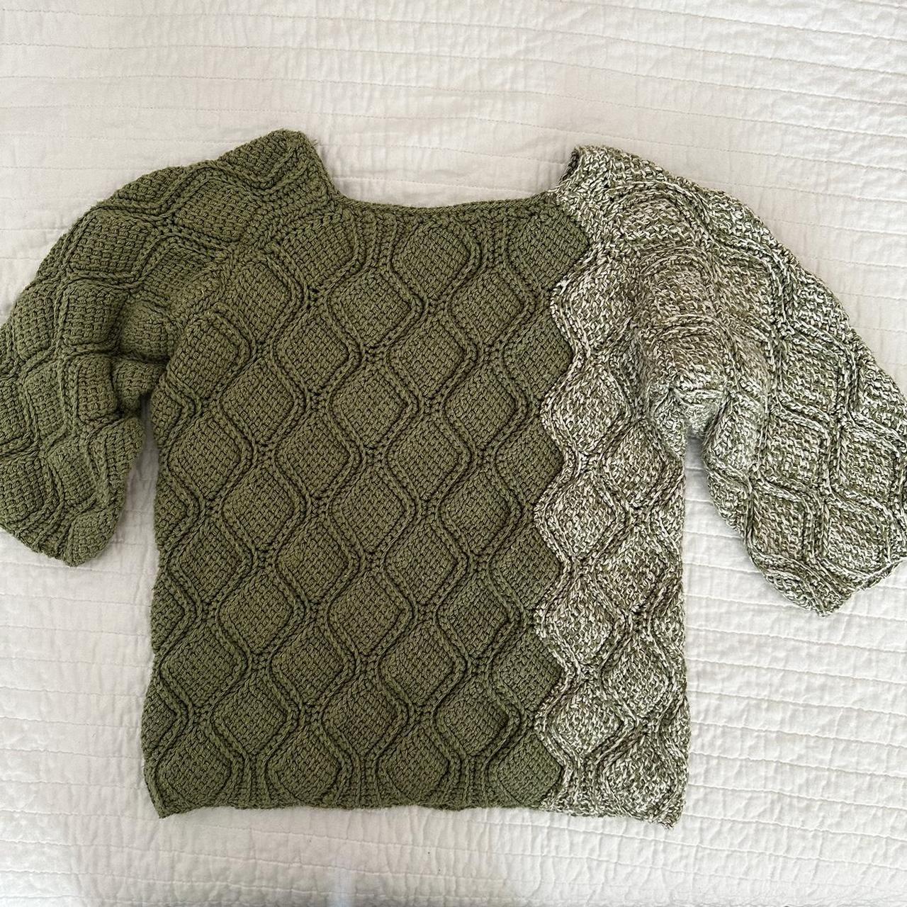 crochet green top a little shorter than 2/3 sleeve,... - Depop