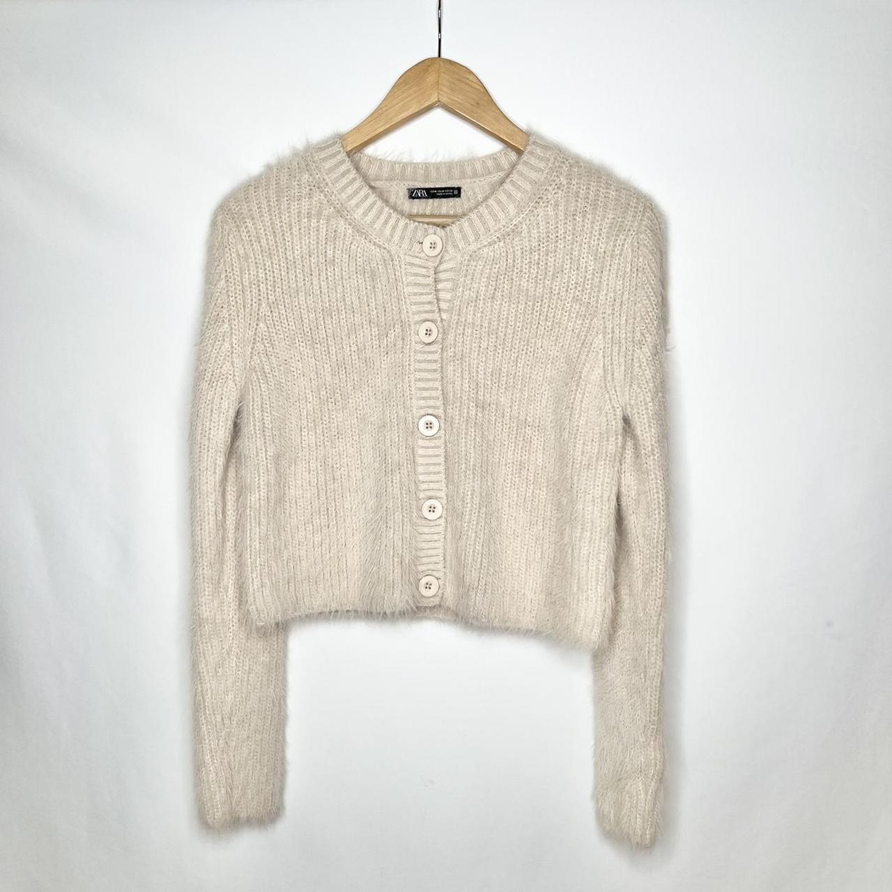ZARA MEDIUM NEUTRAL FUZZY KNIT BUTTON DOWN SWEATER... Depop