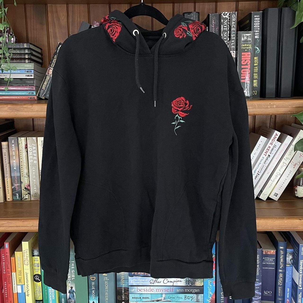 Black hoodie with rose embroidery. Size S. Depop