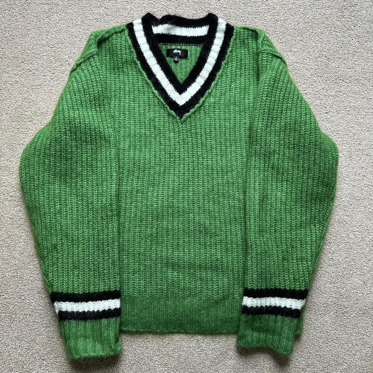 Green Stussy 2024 100% Lambswool Striped Sweater Like-Mohair Sz m