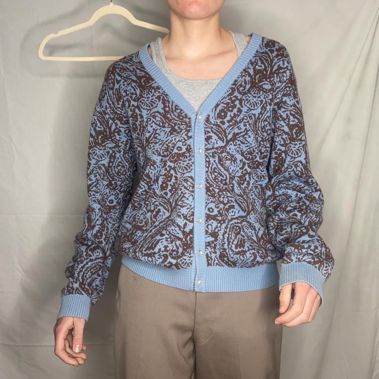 Awake NY Cardigan! Blue and brown paisley pattern.