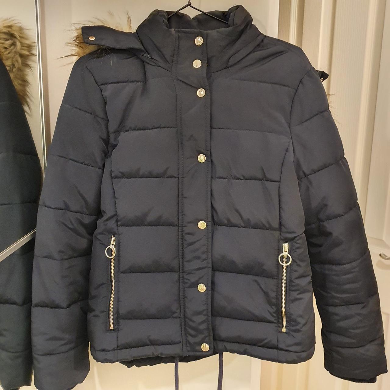 Navy blue Topshop puffer coat / jacket with zip off... - Depop