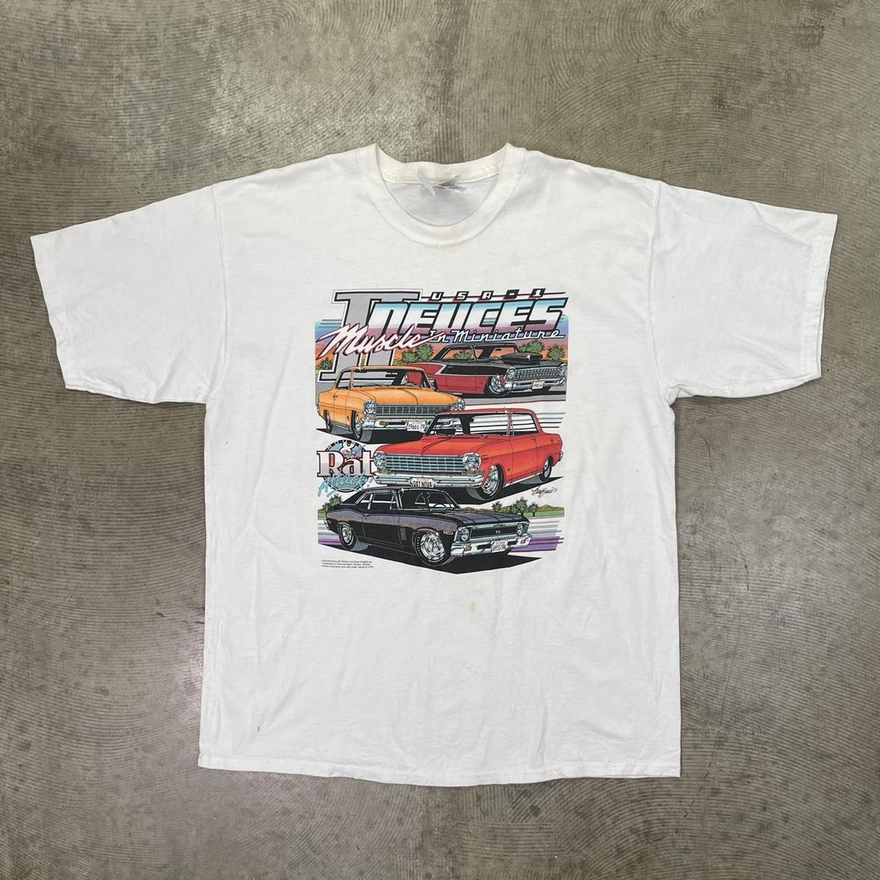 Vintage car motorsport tshirt white XL 90s hot rod... - Depop