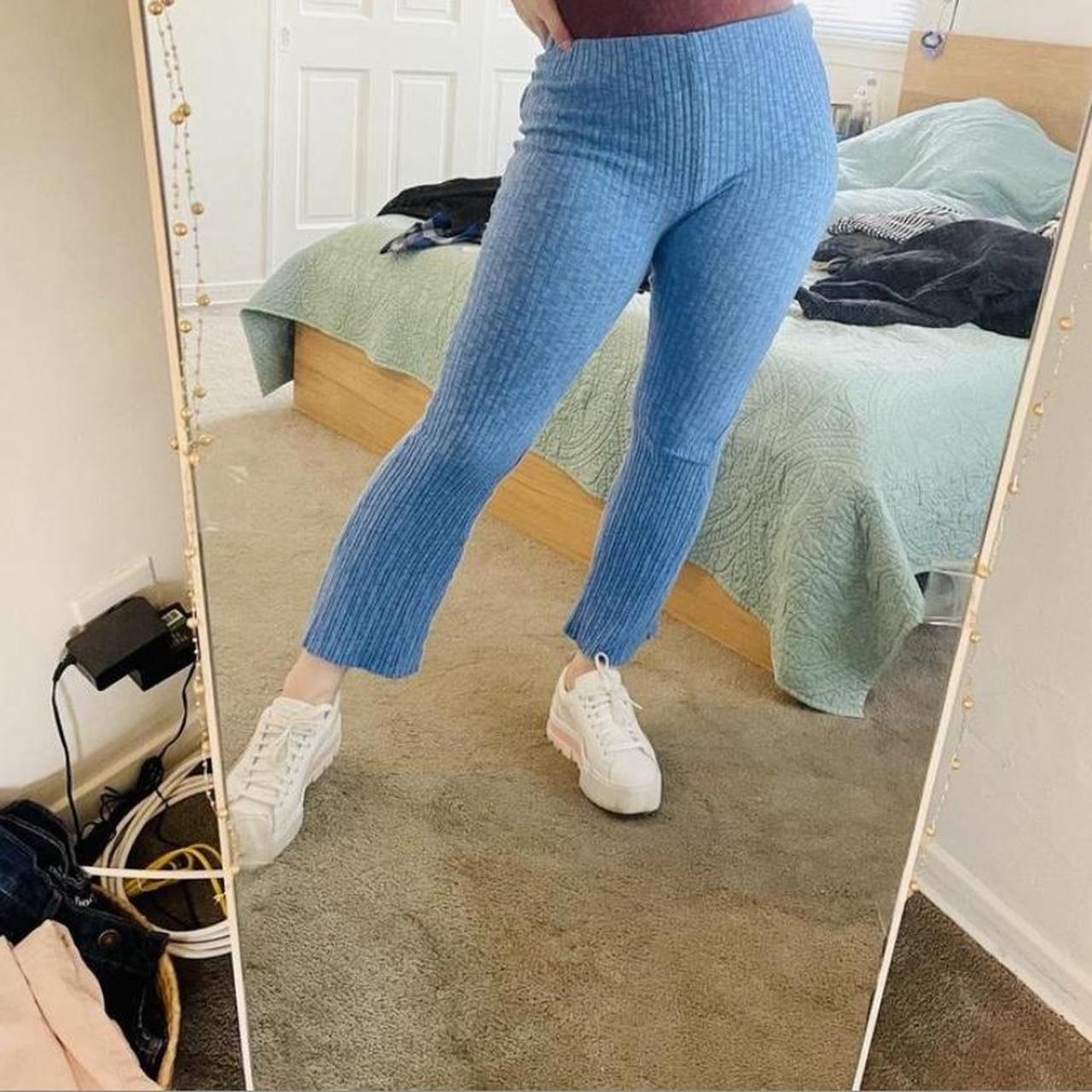 Blue ribbed kick flare yoga pants from urban... Depop