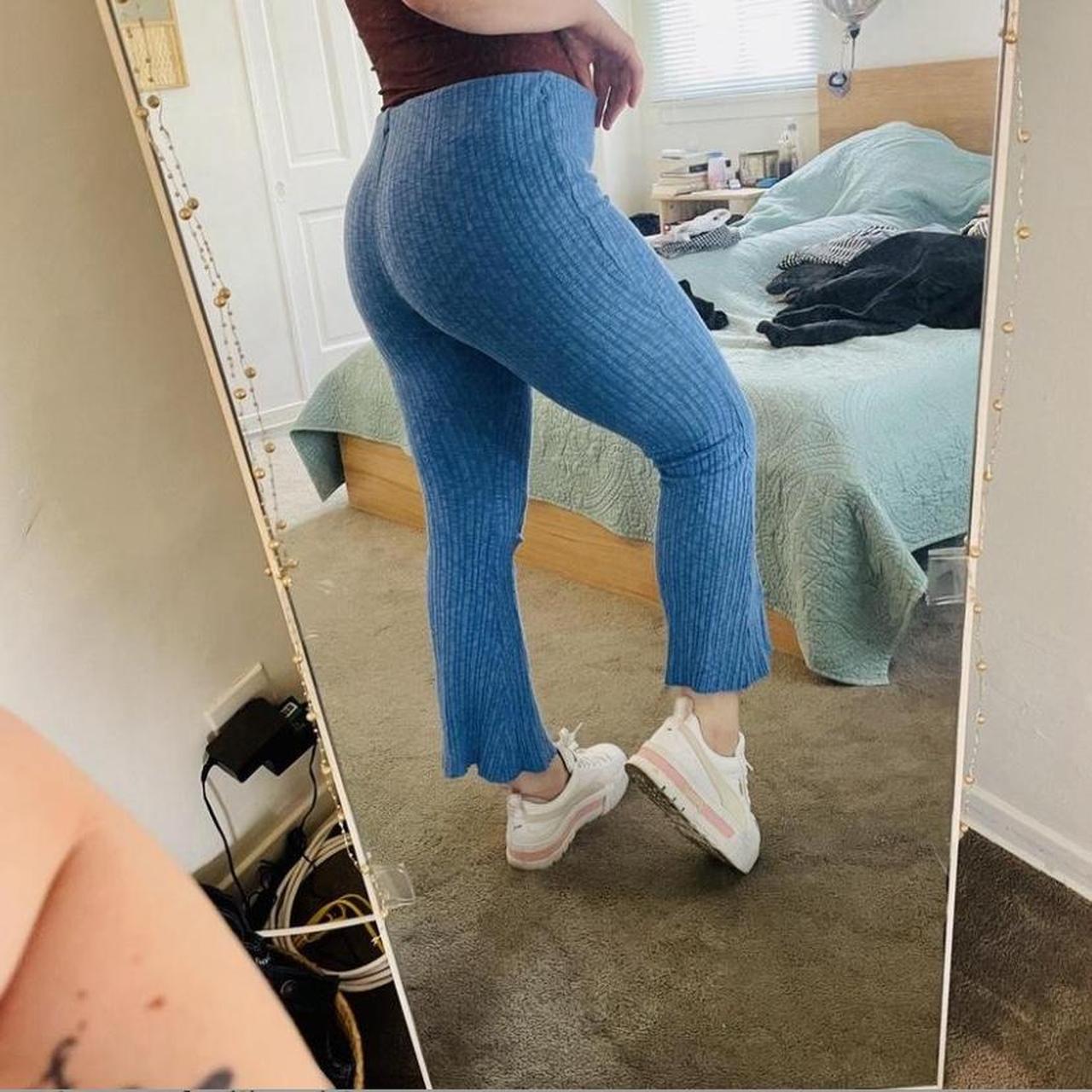 Blue ribbed kick flare yoga pants from urban... Depop