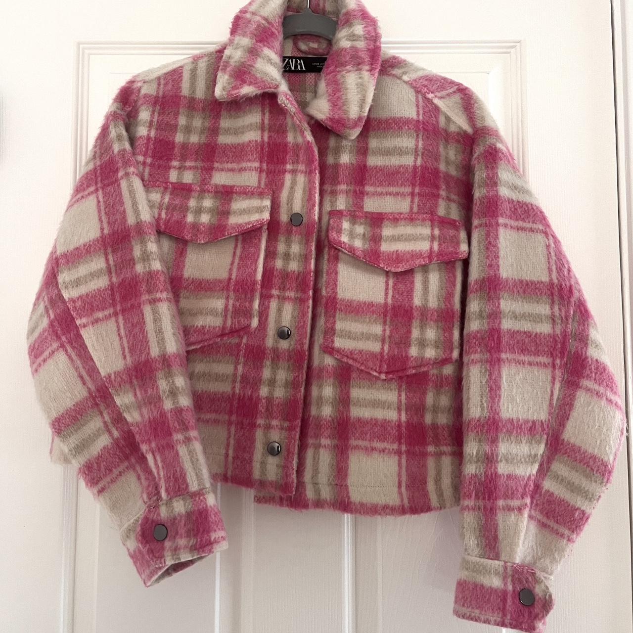 Zara Pink Plaid Cropped Jacket Size Small Depop