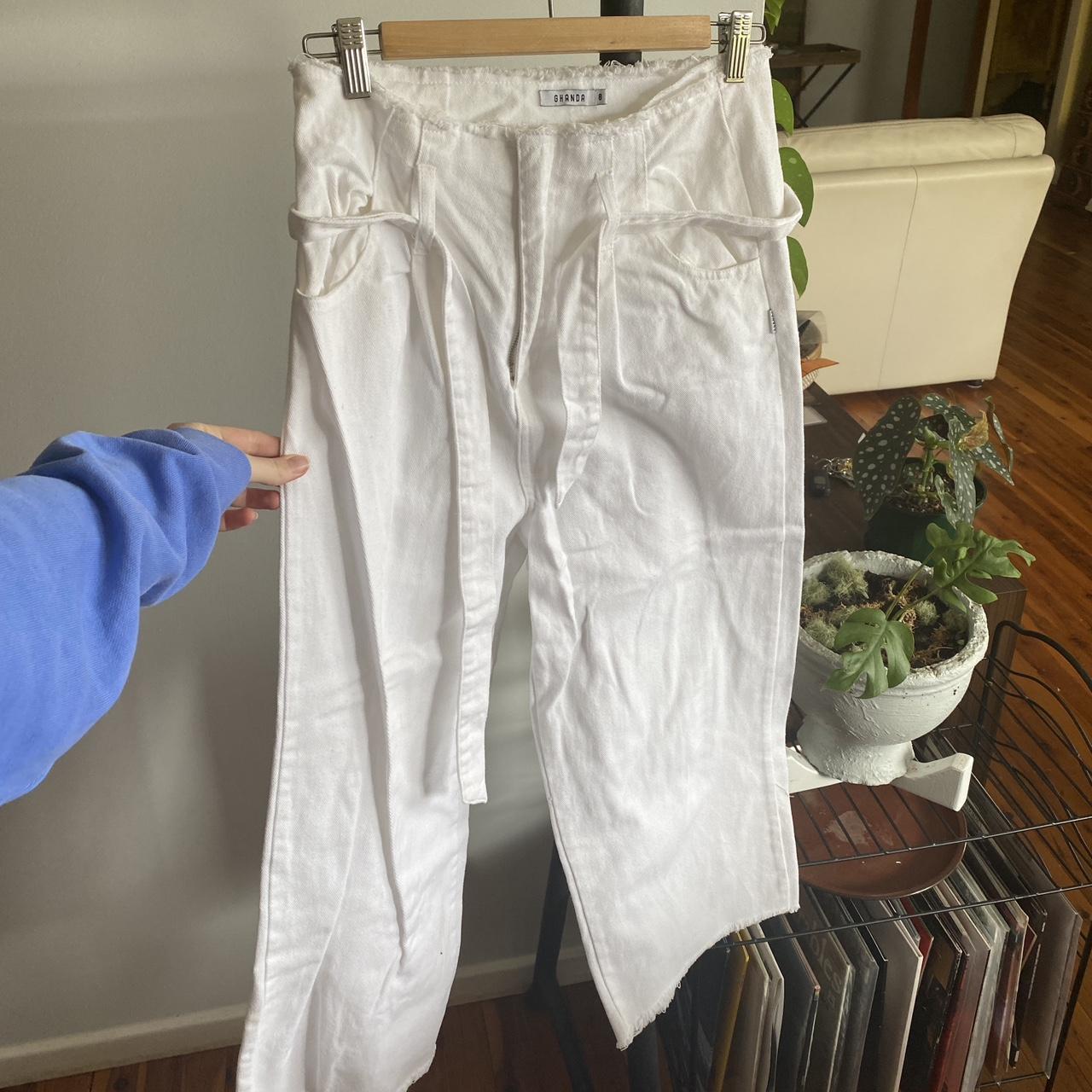 ghanda white pants paper bag style top raw edge... Depop
