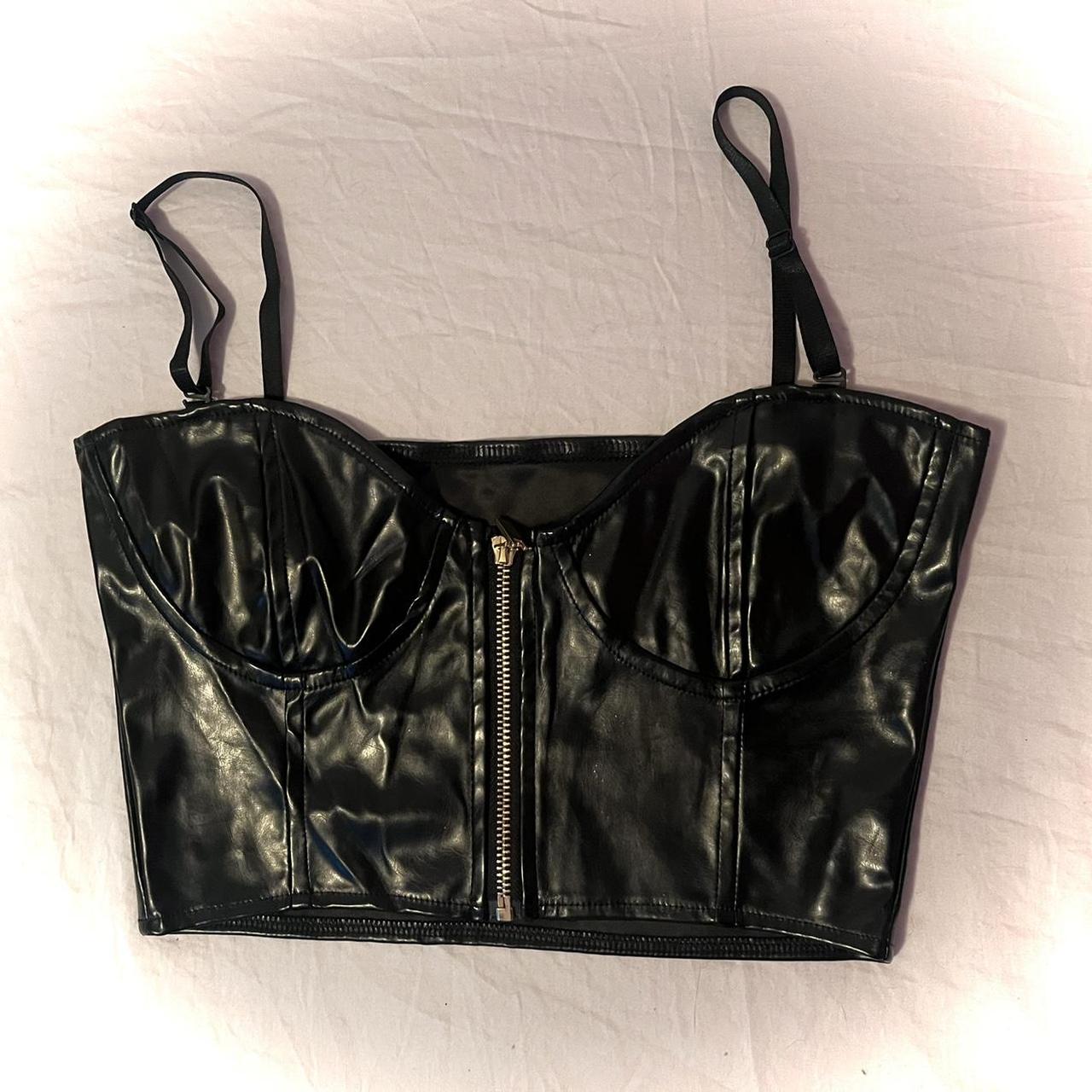 faux leather top w gold zipper in front , was a gift... - Depop