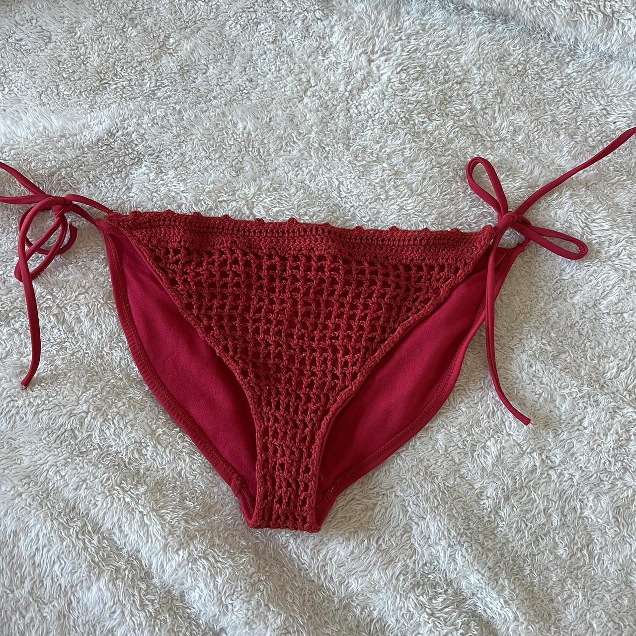 Red crochet bikini bottoms size M In great... - Depop