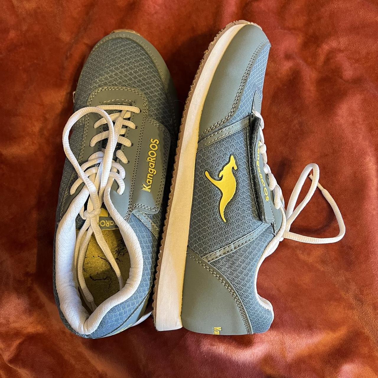 Blue and yellow Kangaroos tennis shoes. Has the