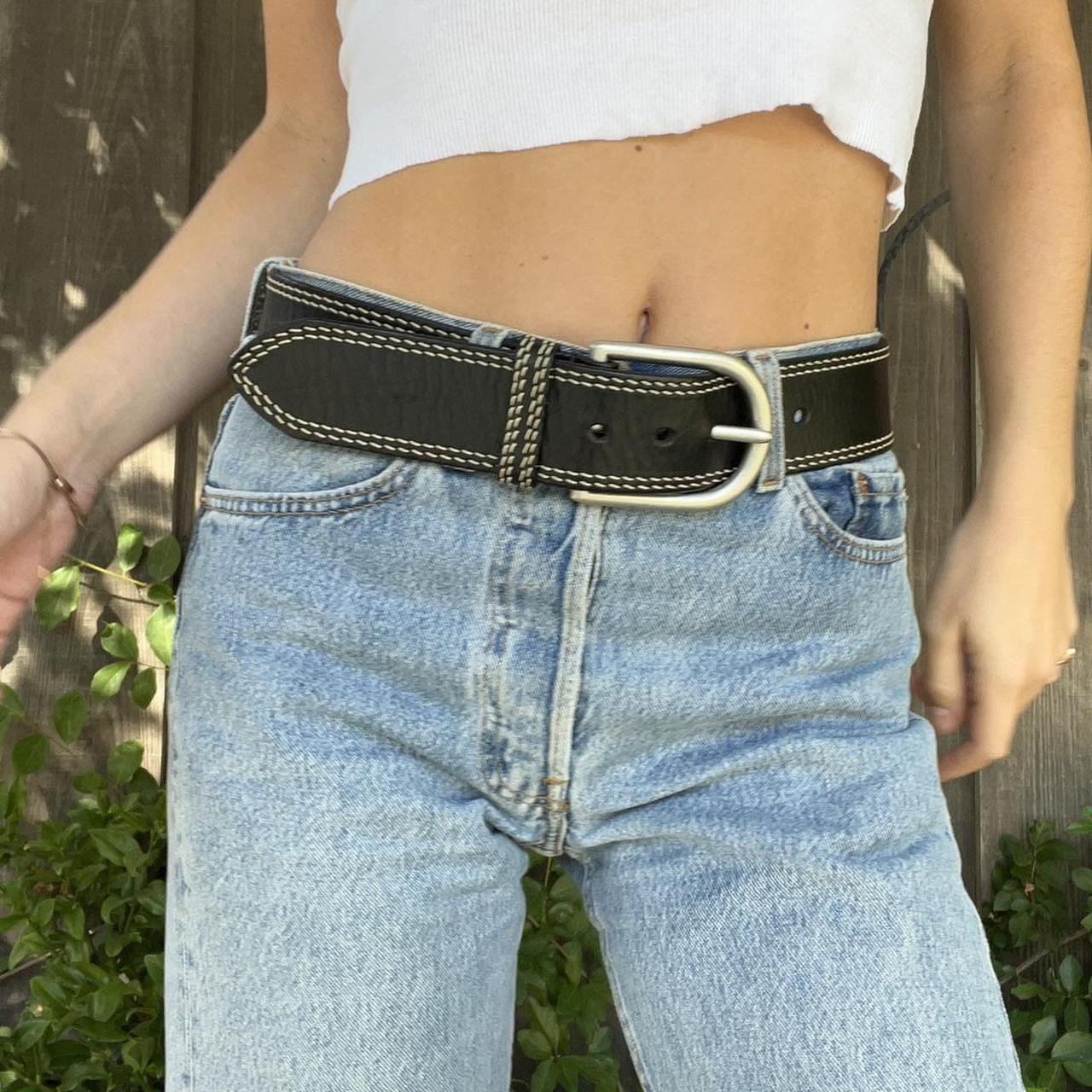 Y2K black leather chunky belt 💐 Black genuine 100%... - Depop