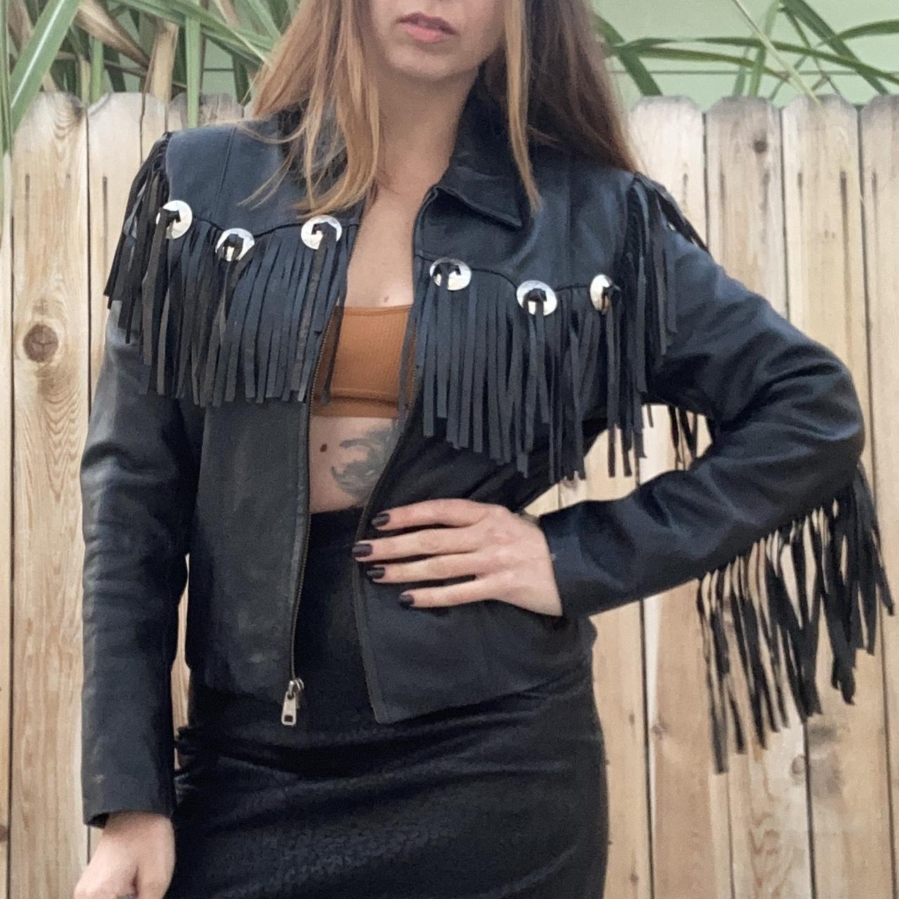 Womens black 2024 leather fringe jacket