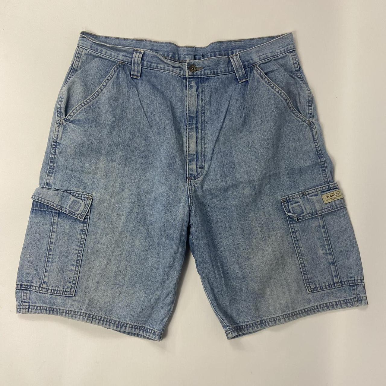 Wrangler light wash cargo denim Jorts long shorts... - Depop