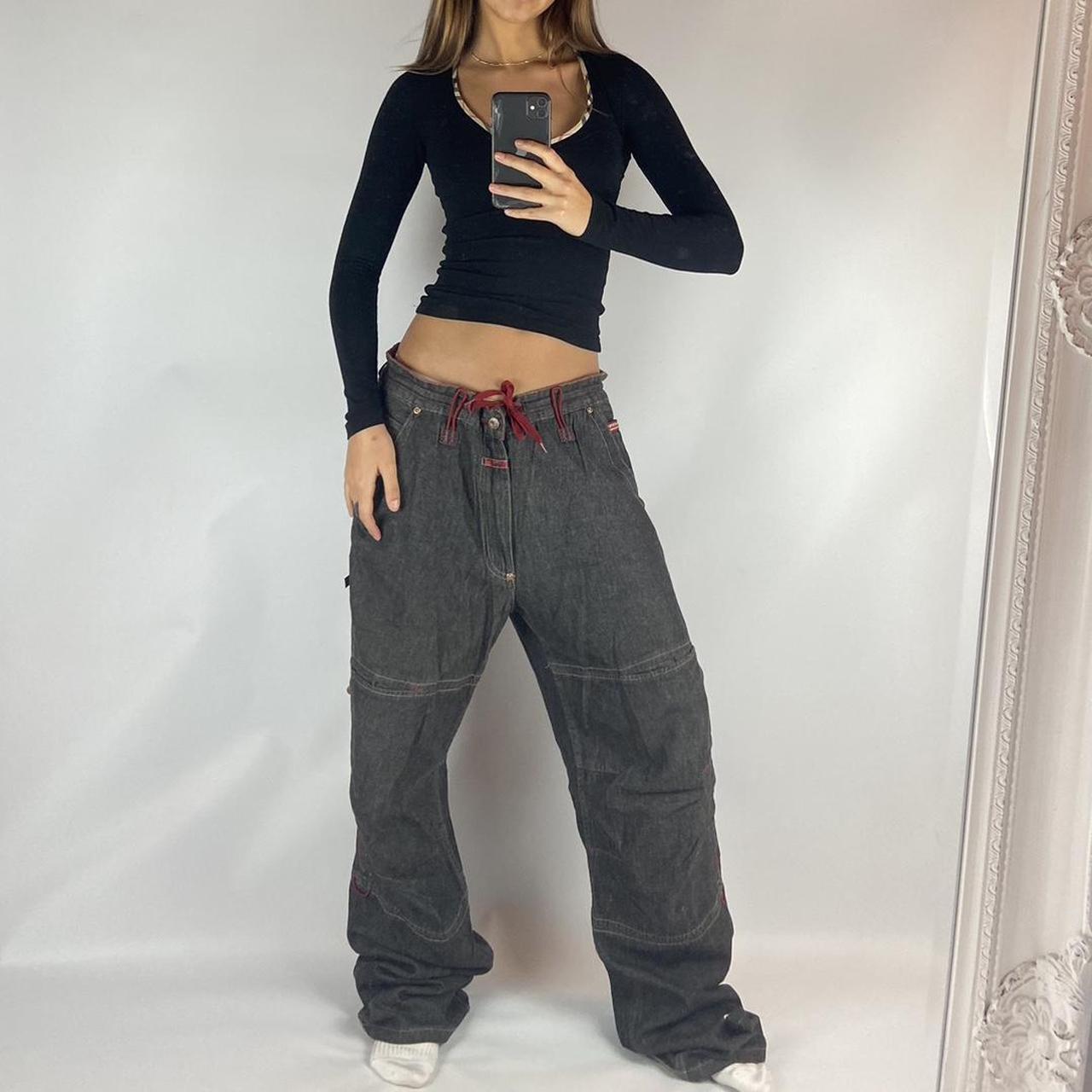 Grey denim cargo jeans with red details and draw... - Depop