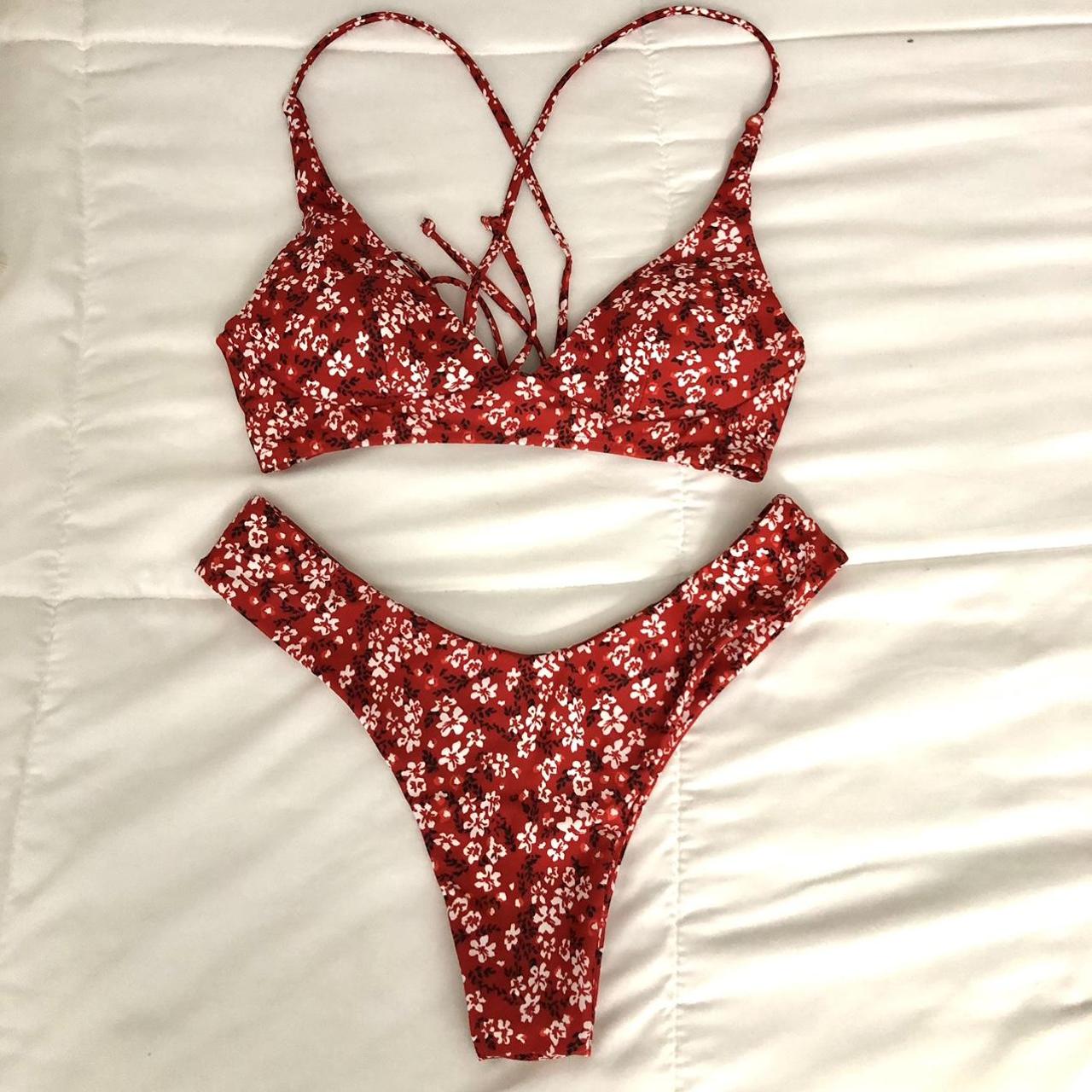 Red floral bikini set from Zaful. Barely worn, in... - Depop