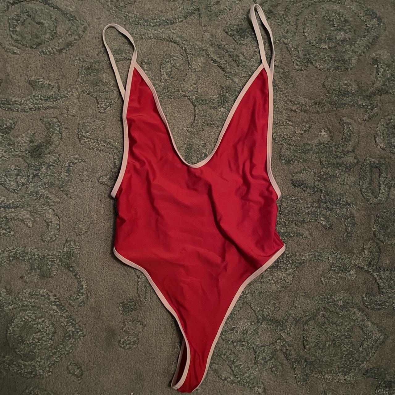 Red backless plunge one piece bathing suit. Super... - Depop