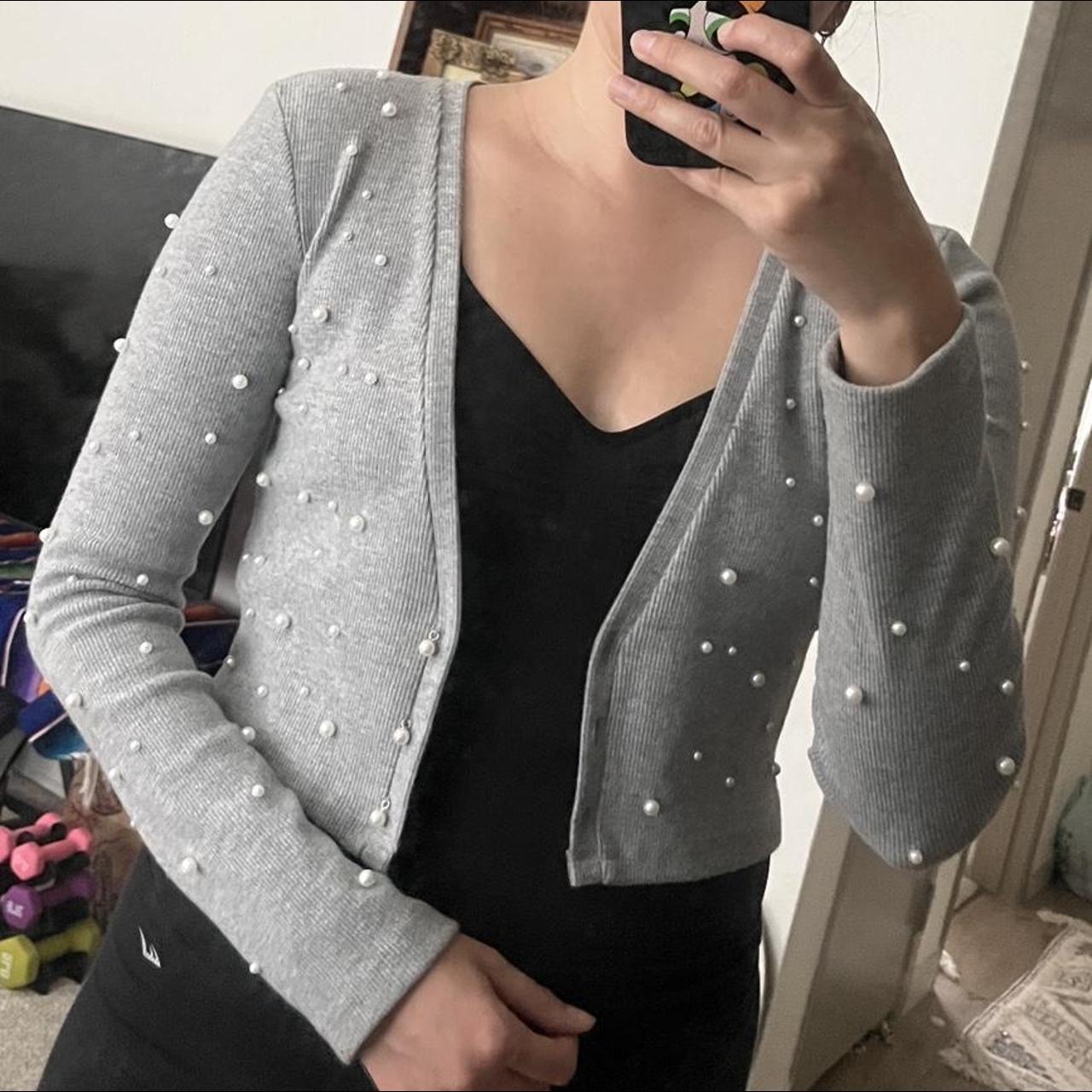 Zara Pearl Cropped Cardigan, Light Gray with white