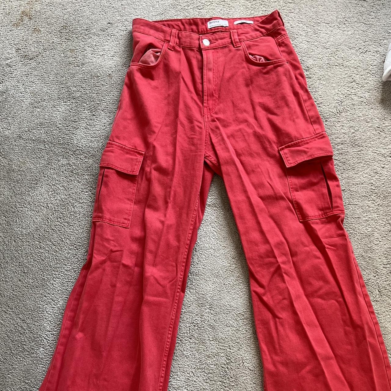 Red Bershka wide leg cargos USA size 8 fits UK... - Depop