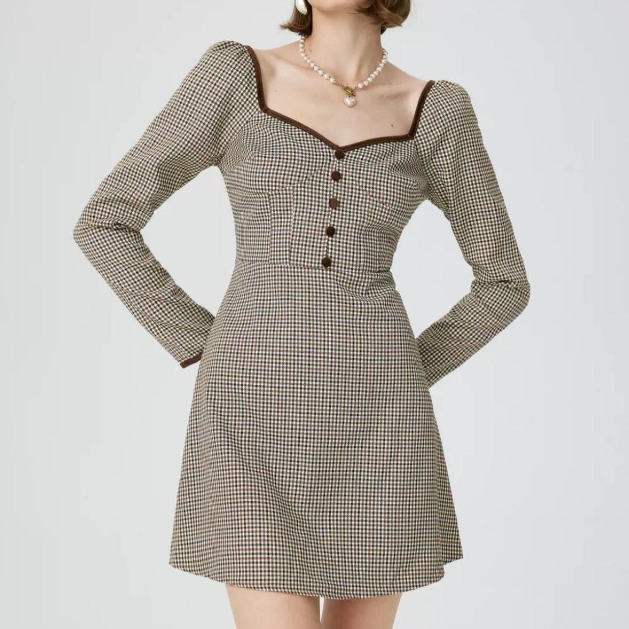 Cider Women's Brown and Cream Dress Depop