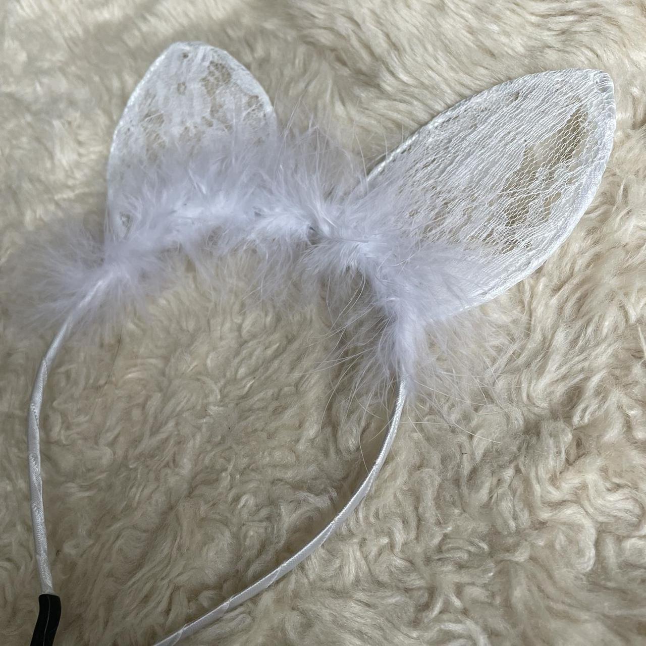 Super cute white lace bunny ears with marabou trim... - Depop
