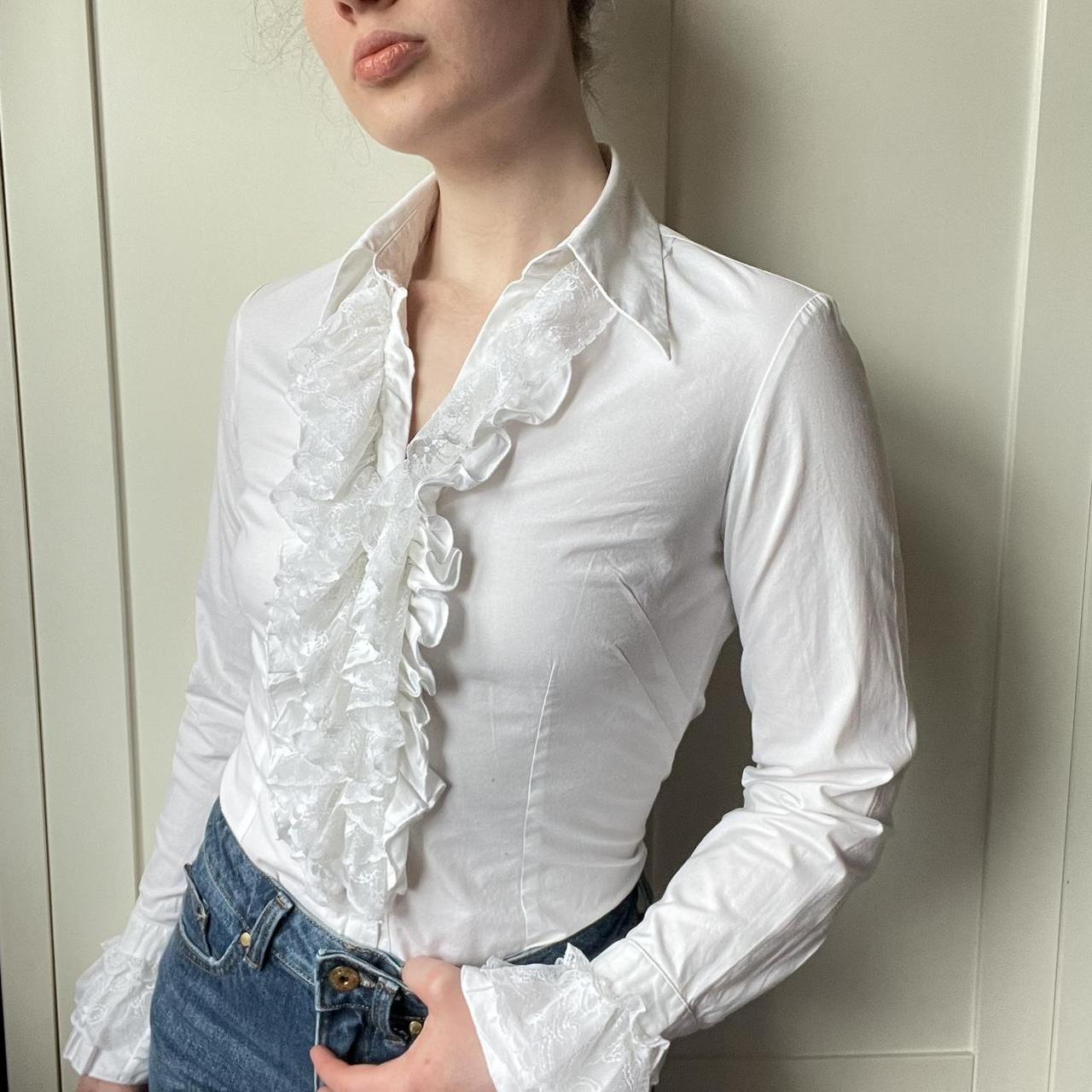 Vintage French lace ruffle detail v neck collared... - Depop