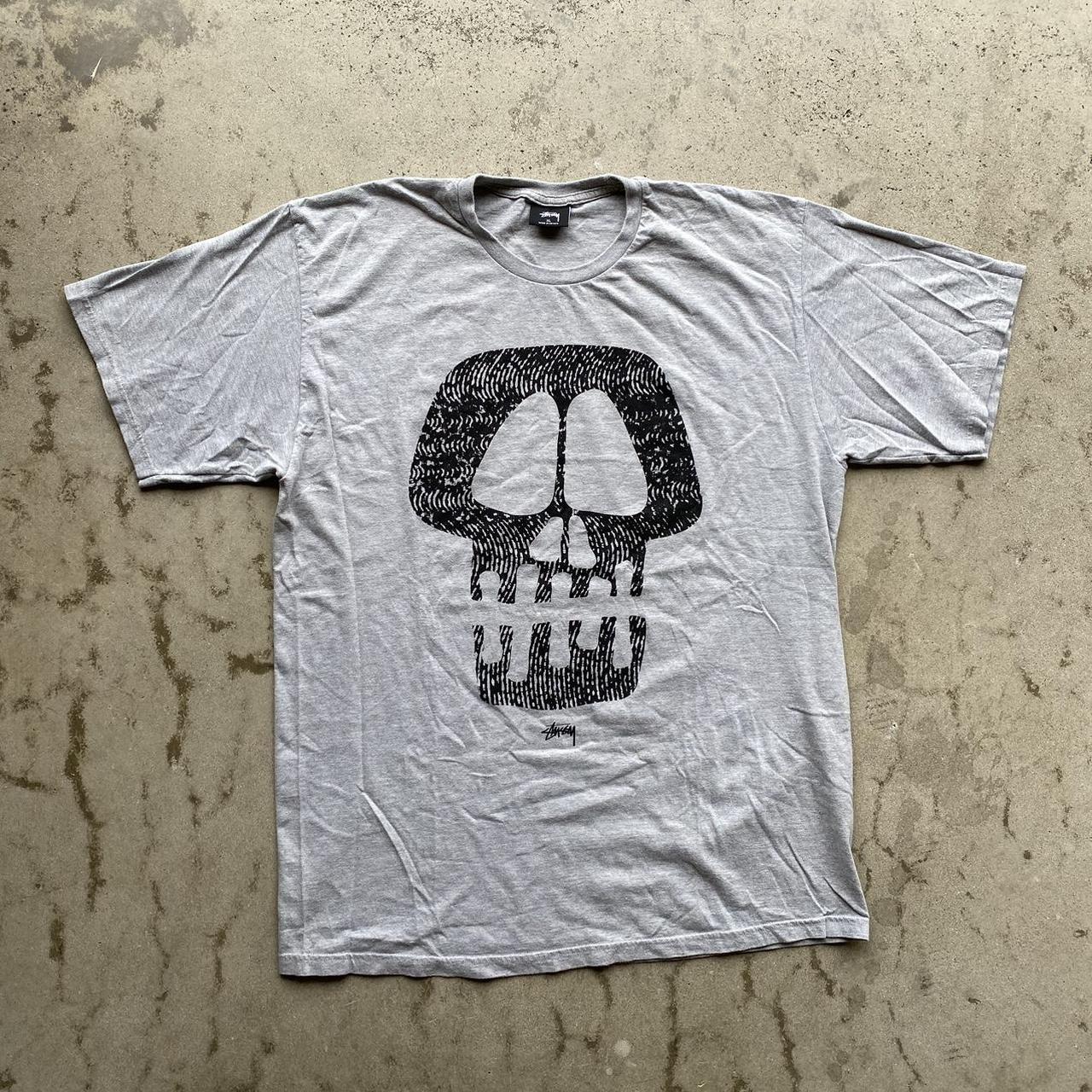 Modern Stussy Skull Logo grey black T-shirt Size... - Depop