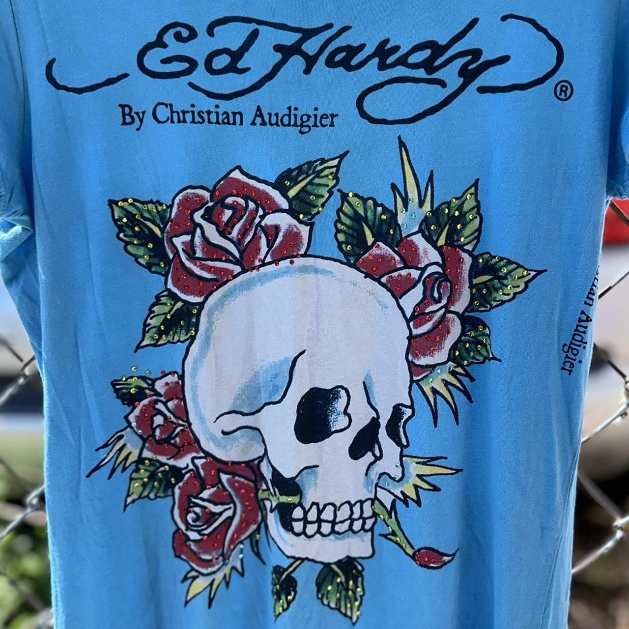 Y2K Don Ed Hardy Medium Blue Rhinestone Skull Roses... - Depop