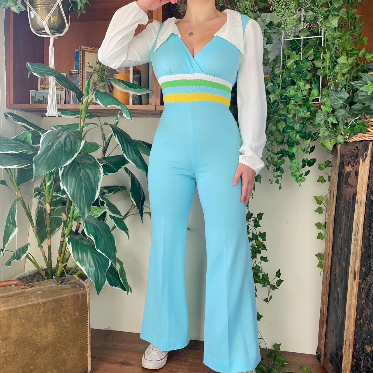 Vintage 70s teal jumpsuit with bellbottoms pants and... - Depop