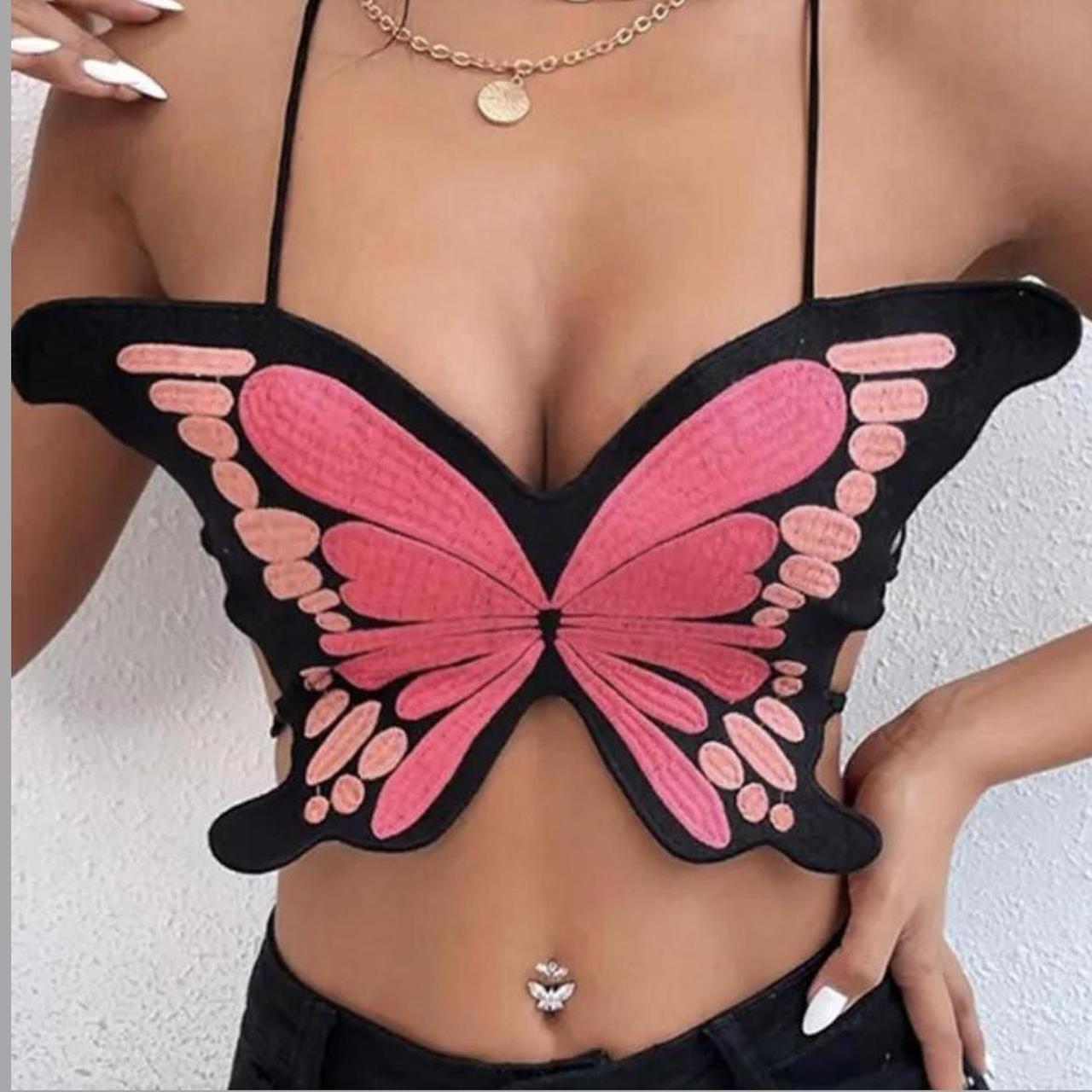 Embroidered monarch butterfly shaped lace up tank... - Depop