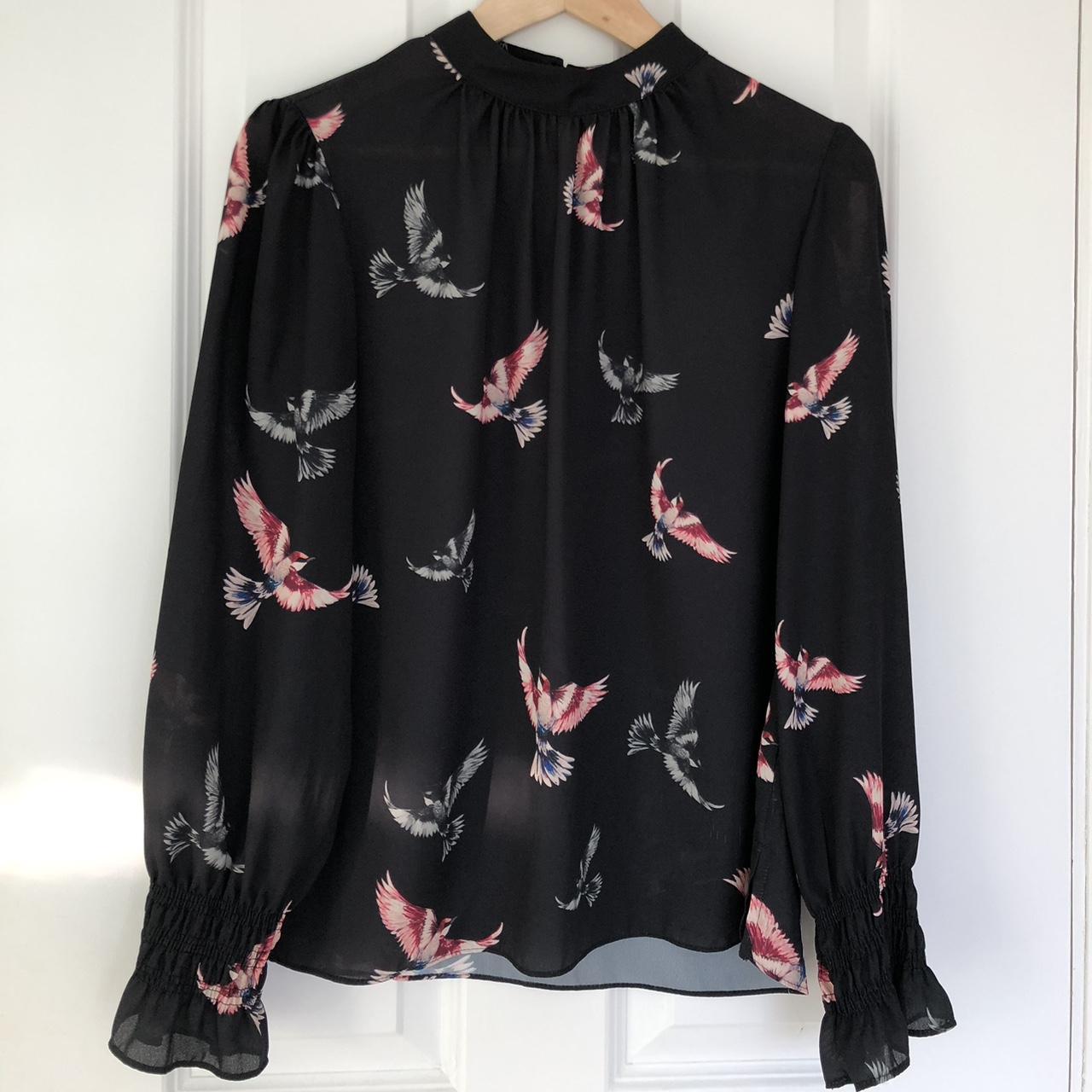 Wallis blouse - black with vibrant bird print.... - Depop