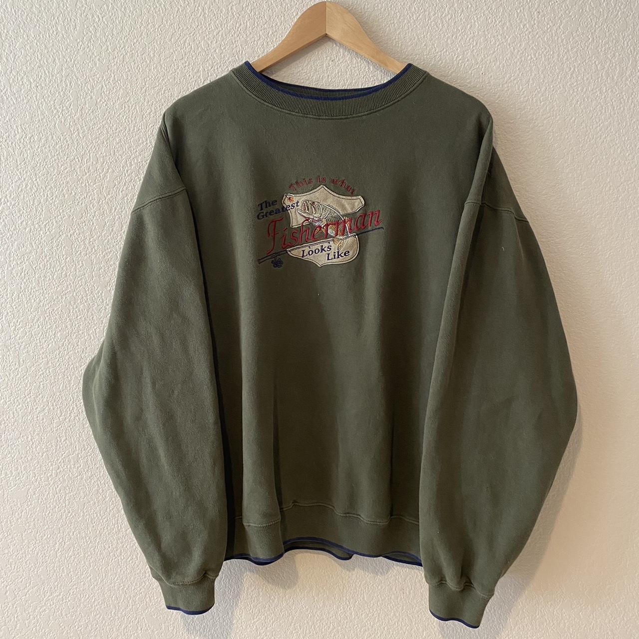 90s Olive Green Fisherman’s Crewneck Sweatshirt -... - Depop